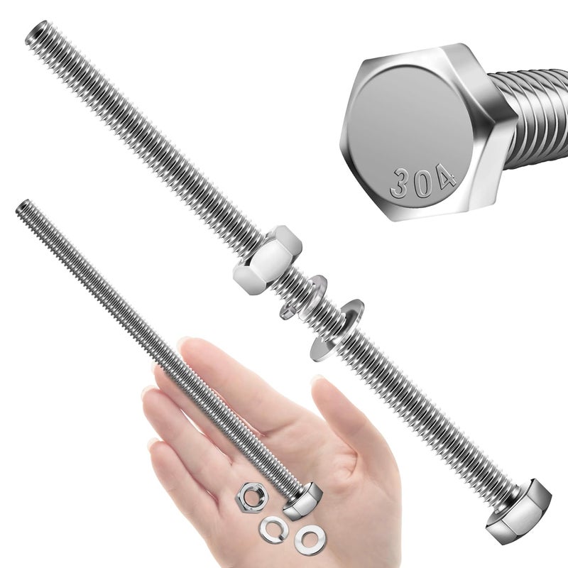 MYWISH 5 Sets 5/16-18x5 Hex Head Nuts and Bolts with Flat & Lock Washers, 304 Stainless Steel 18-8, Metric Bolt Assortment Fully Threaded Screws and Nuts, 20 Pieces - Image 1